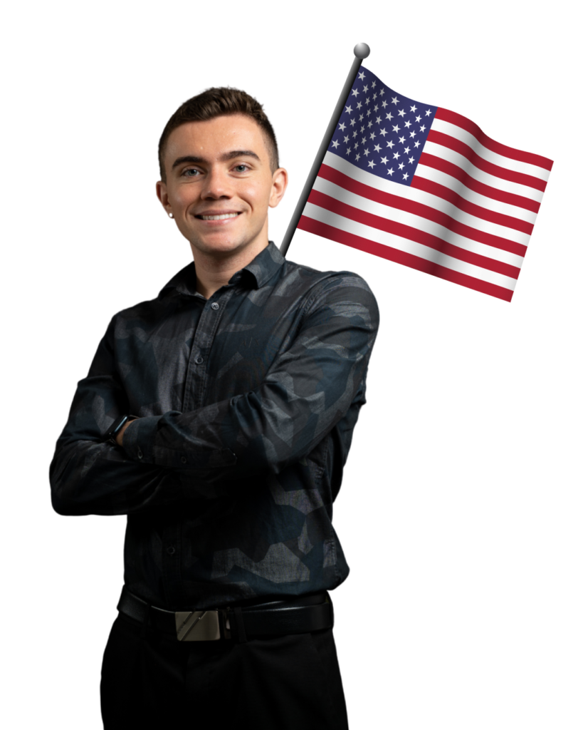 Foto Dr.Renan com bandeira atrás do EUA
