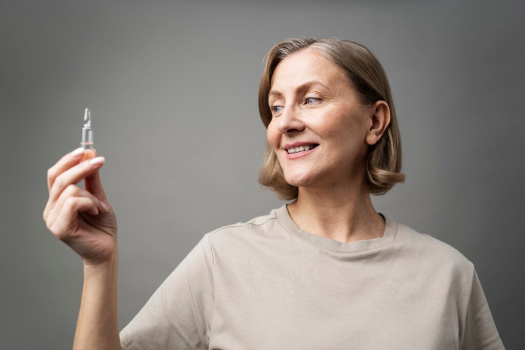 mulher sorridente de plano médio segurando um frasco